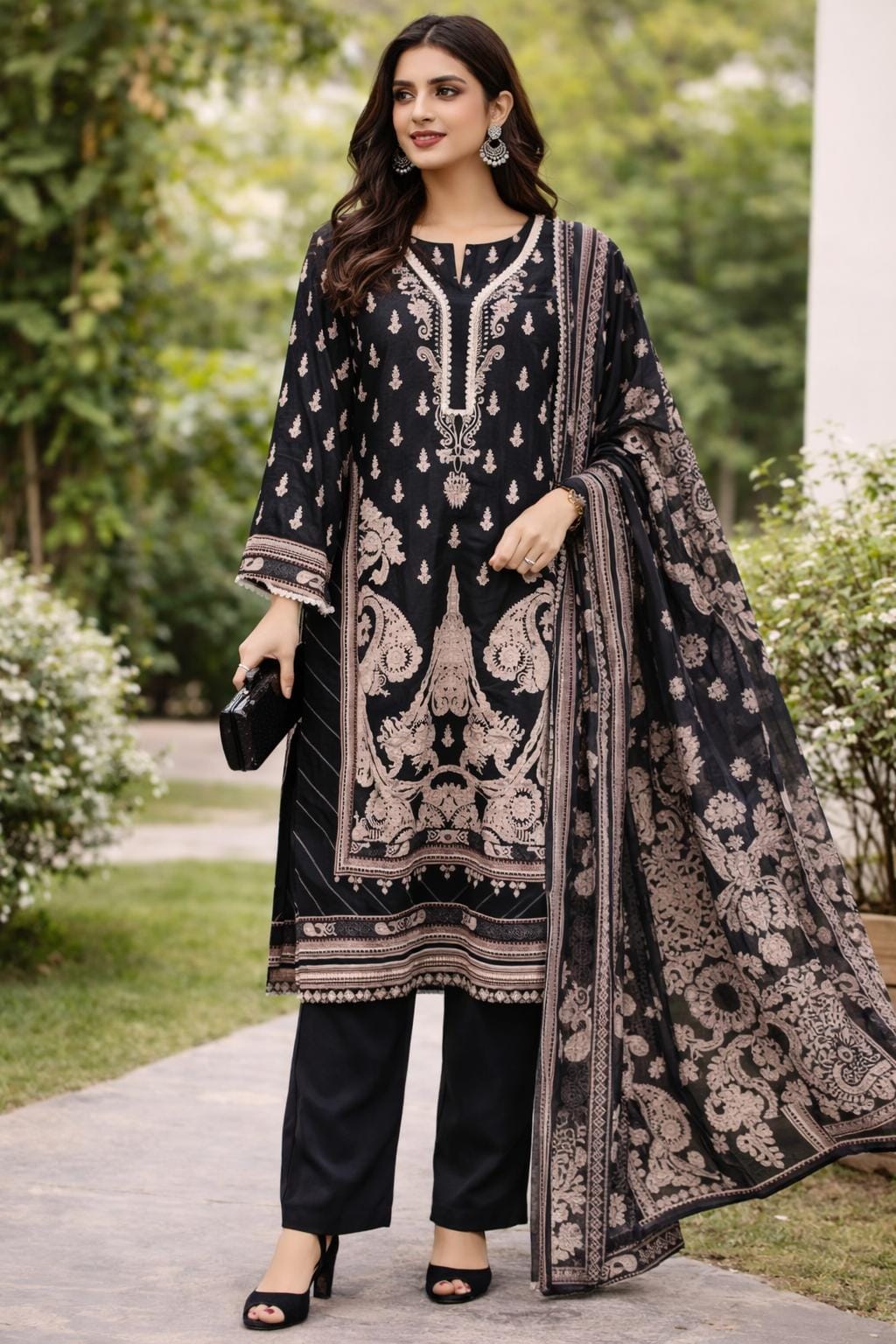 Zoya Noir Black Digital printed  cotton kurta pant dupatta set