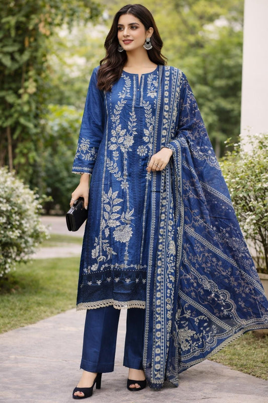 NAVY BLUE Digital Printed  cotton lawn dupatta set