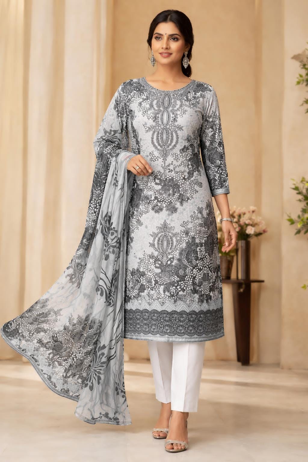 White Digital printed  Cotton lawn Kurti pant Dupatta Set