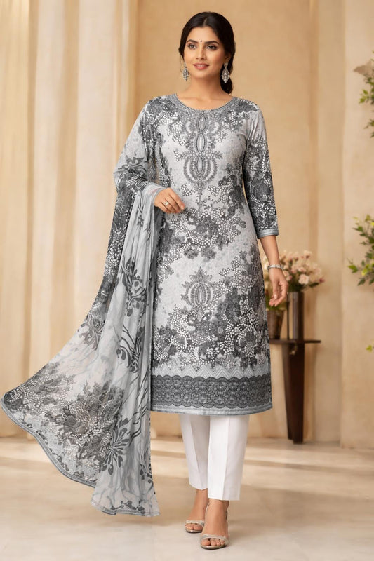 White Digital printed  Cotton Kurti pant Dupatta Set