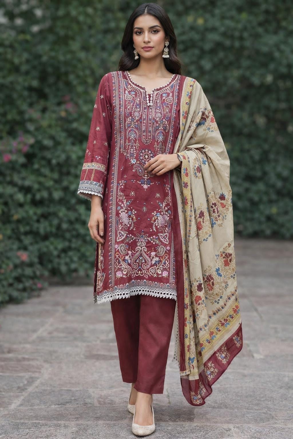 Maroon Digital printed Cotton Kurti pant Dupatta Set
