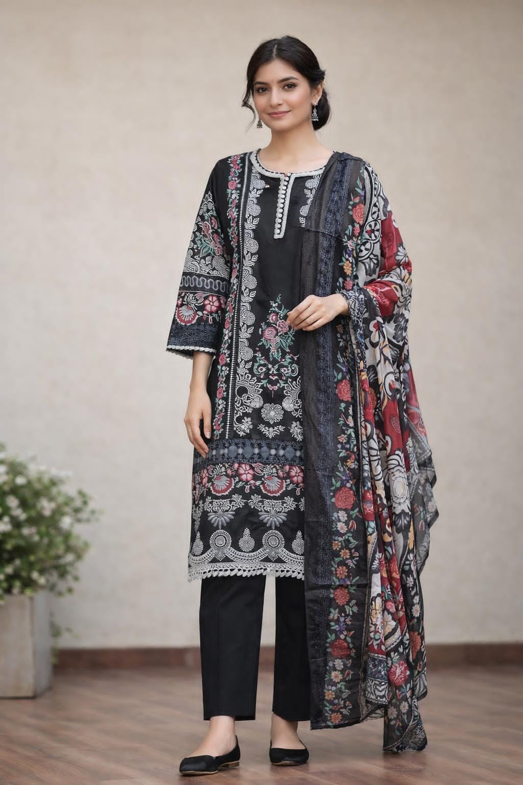 Black Digital printed Cotton lawn  Dupatta Set