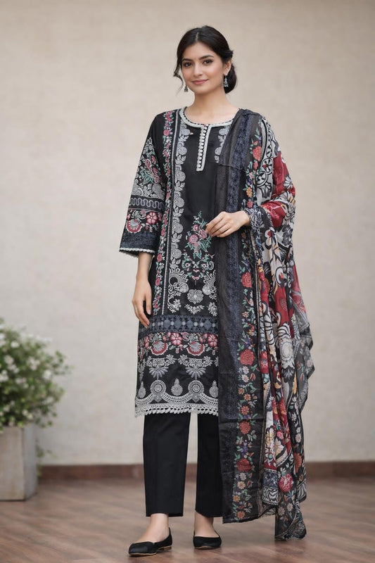 Black Digital printed Cotton lawn  Dupatta Set