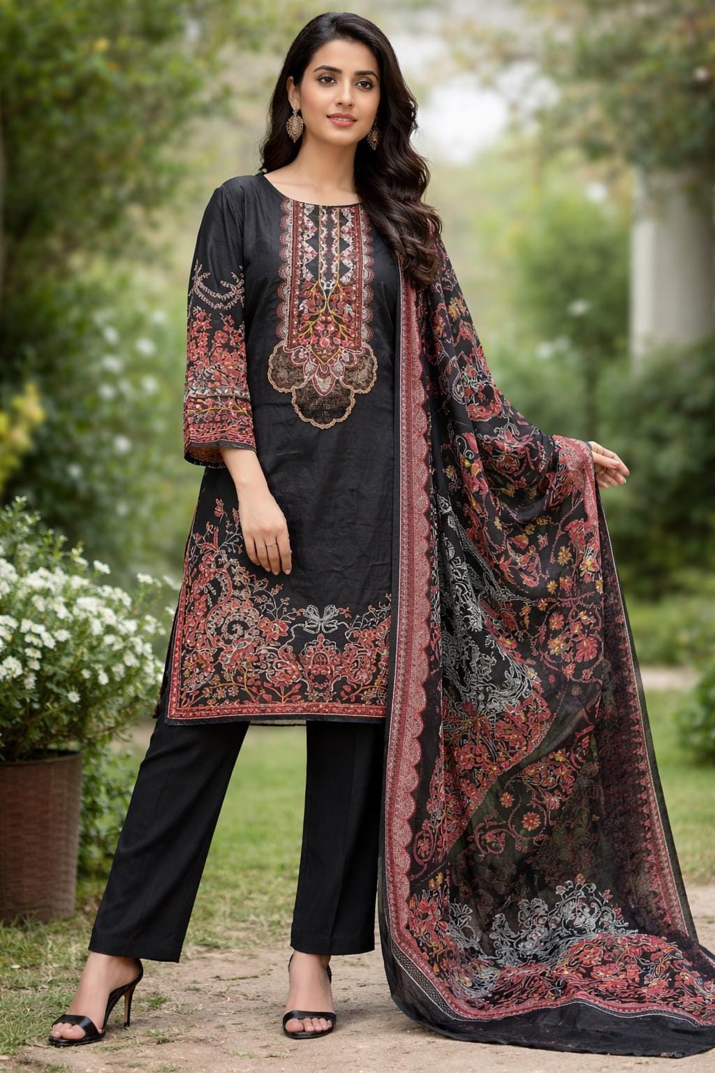 Black & Red Embroidery Kurti Pant Dupatta Set