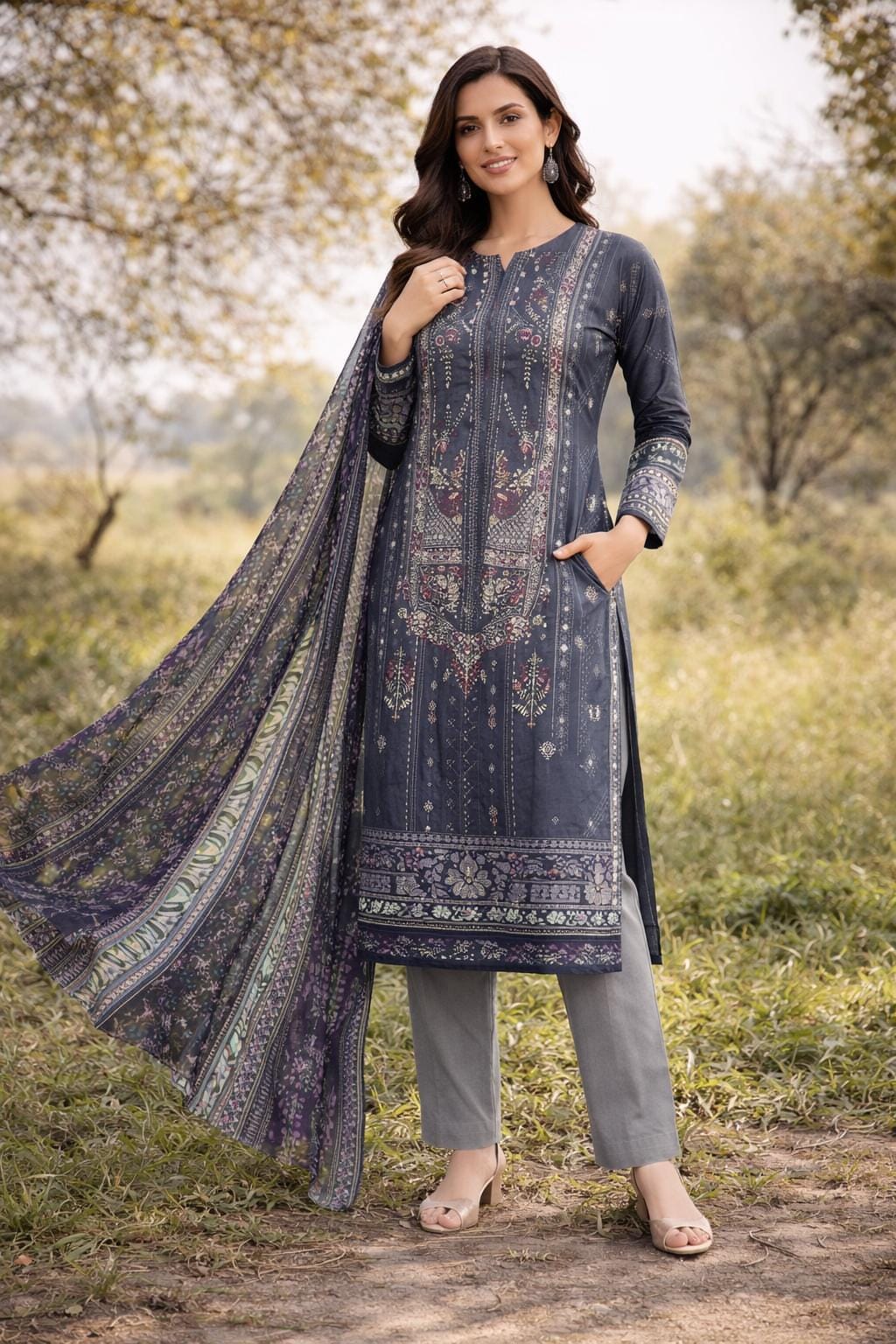 Grey Digital printed  Cotton  lawn Kurti pant Dupatta Set