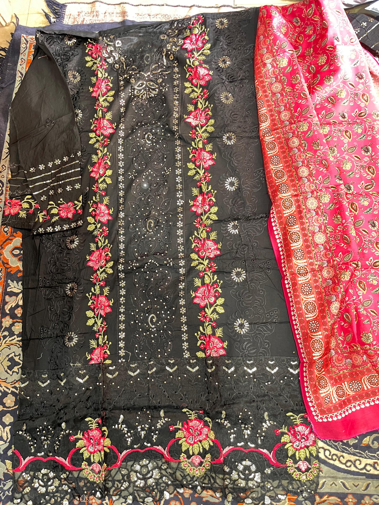 Black Unstitched Embroidered Suit Set