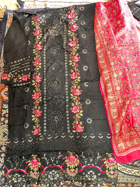 Black Unstitched Embroidered Suit Set