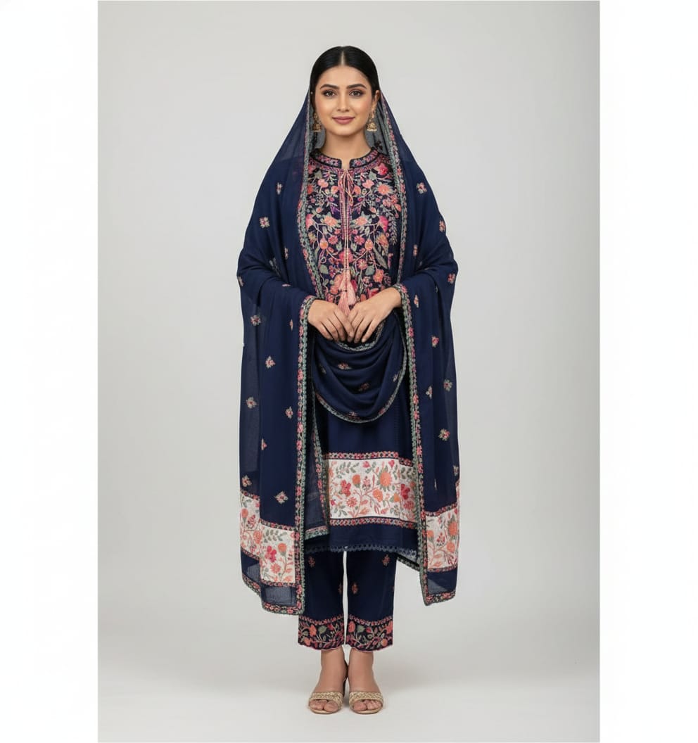 Navy Blue Floral Embroidered Kurti Pant Set