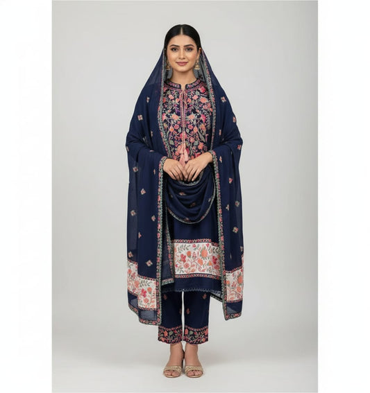 Navy Blue Floral Embroidered Kurti Pant Set