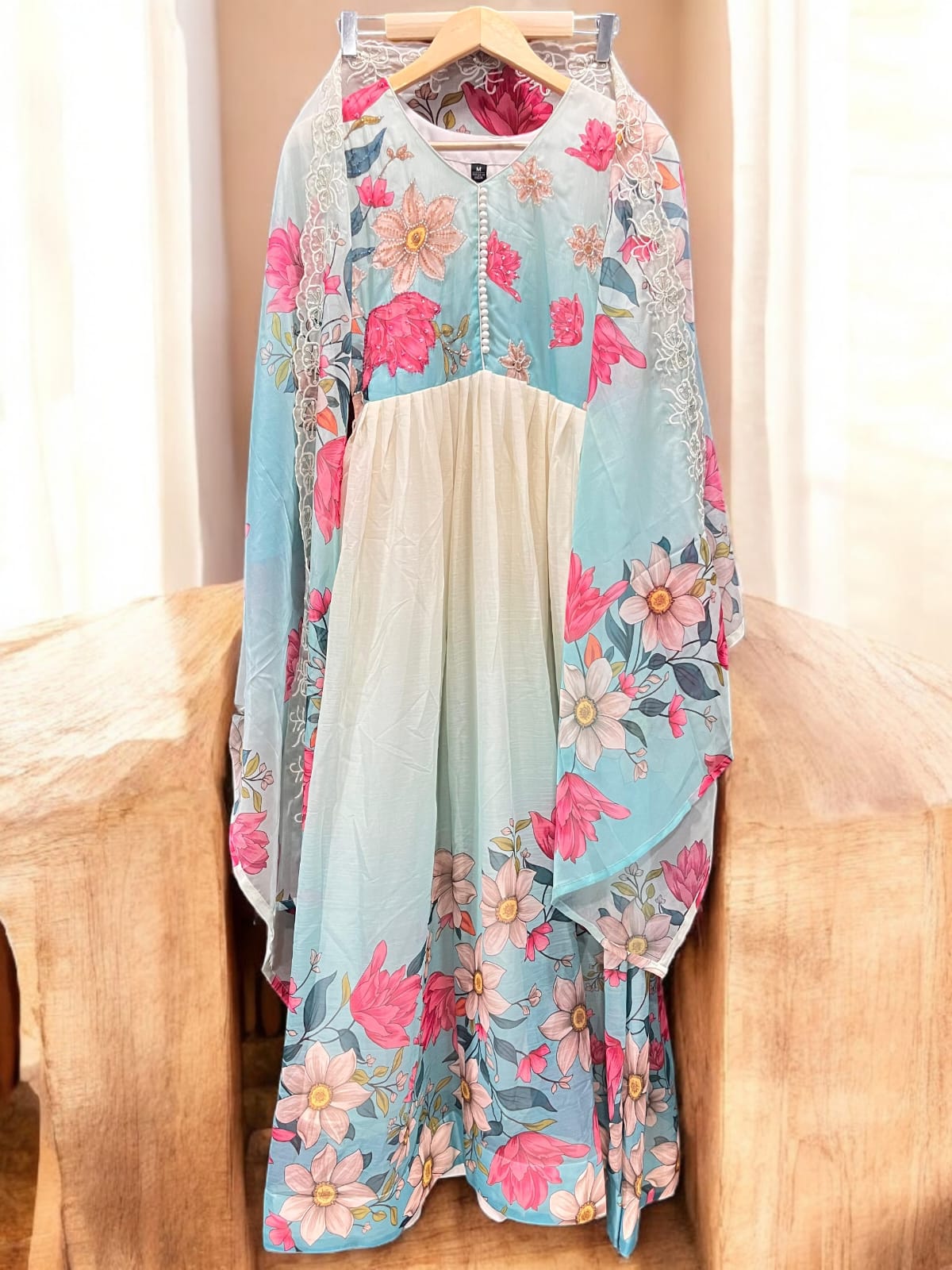 Aqua Bloom Floral Anarkali Gown set