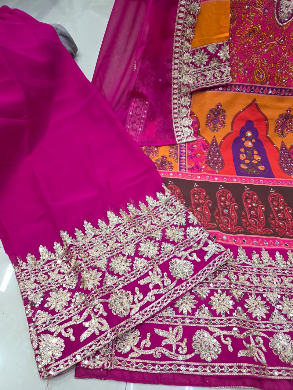 Multicolour Embroidered Kurti Pant Dupatta Set
