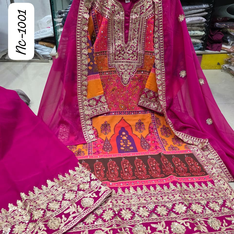 Multicolour Embroidered Kurti Pant Dupatta Set