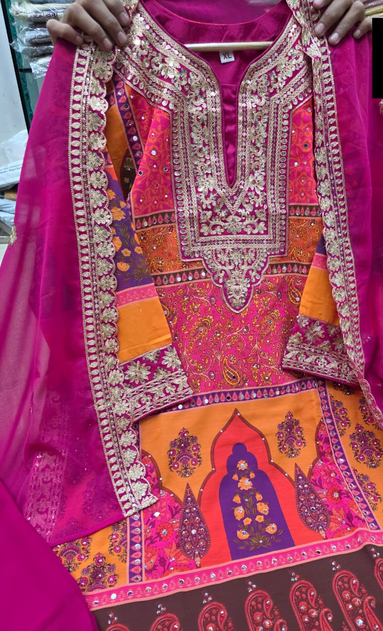 Multicolour Embroidered Kurti Pant Dupatta Set