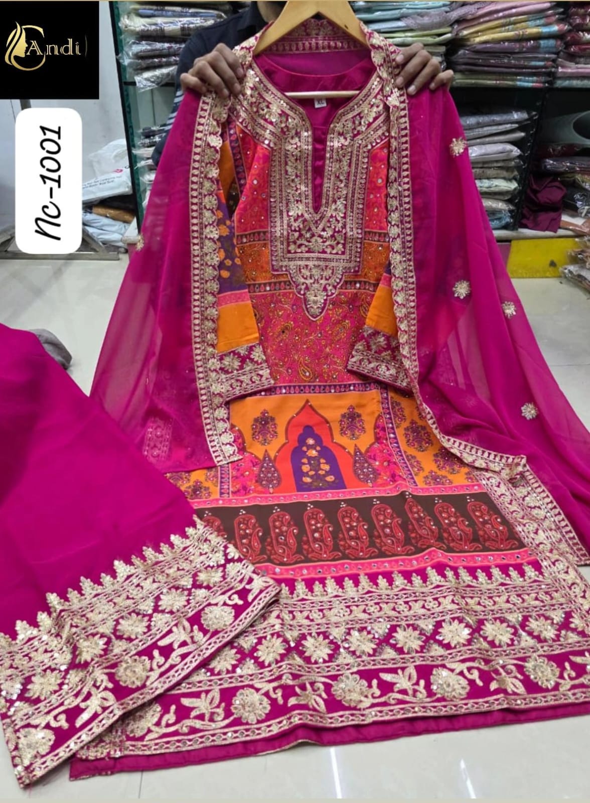 Multicolour Embroidered Kurti Pant Dupatta Set