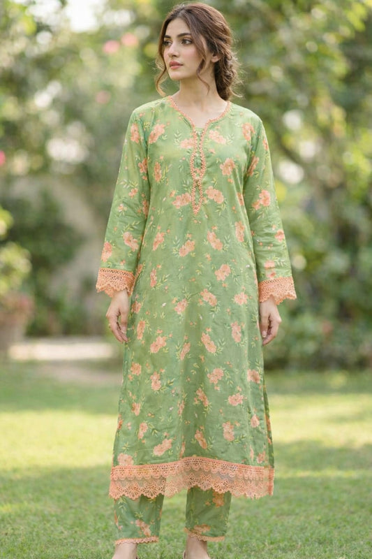 Green Printed Kurti Pant Set