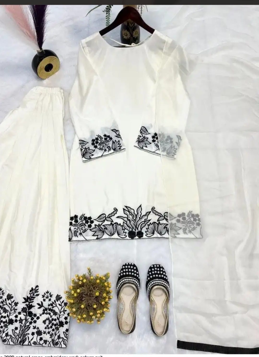 White Black Embroidered Farsi Salwar Suit Set