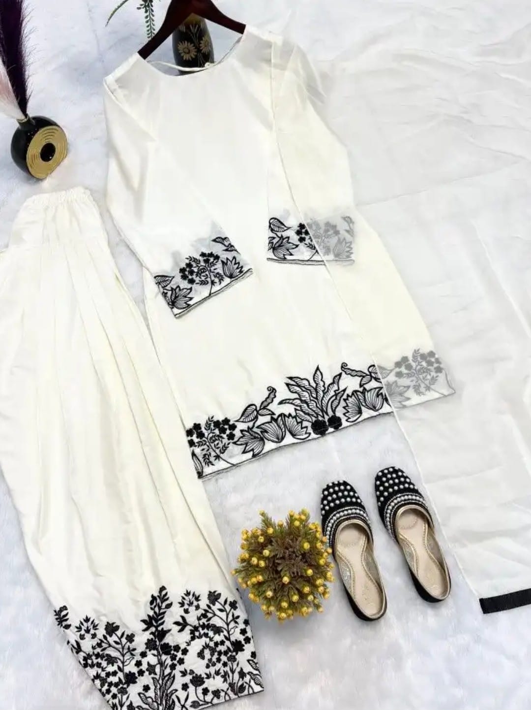 White Black Embroidered Farsi Salwar Suit Set
