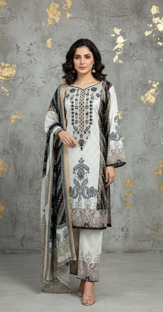 White Elegant Satin Pakistani Suit Set