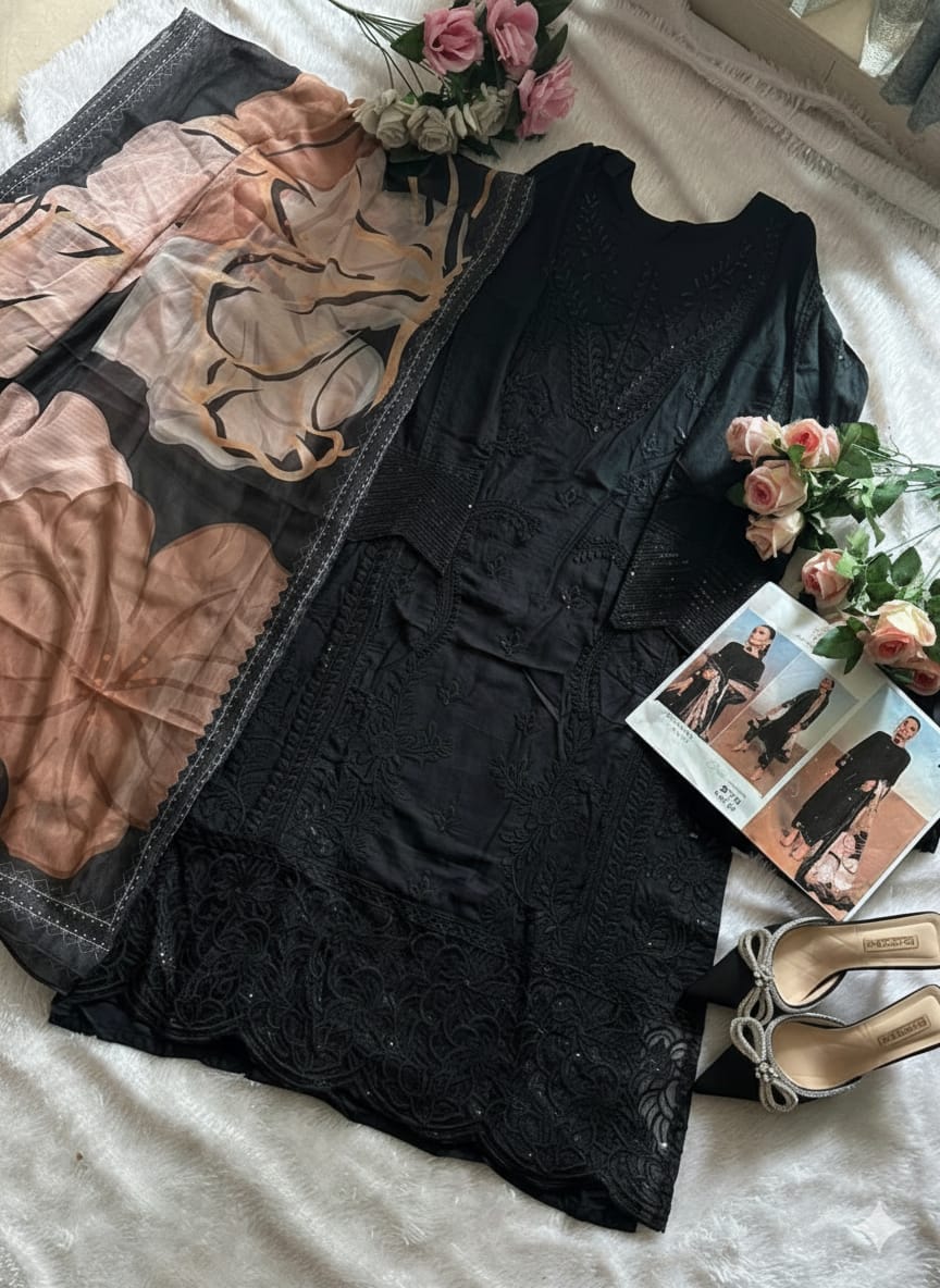 Chikankari Unstitched Suit Set Black with digital print dupatta