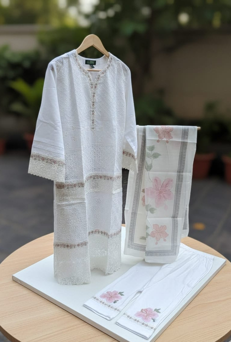 White Embroidered Kurti Pant Set with Floral Dupatta
