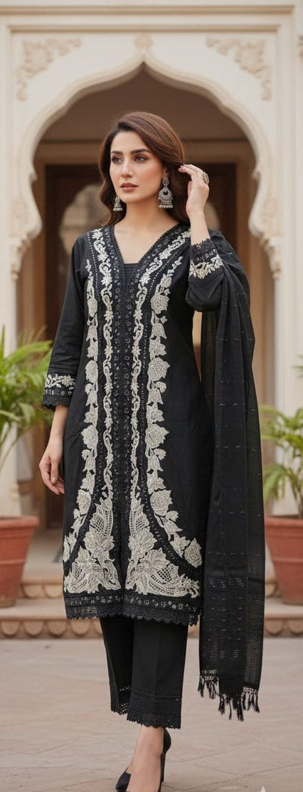 Black Embroidered Kurti Pant Set with Dupatta