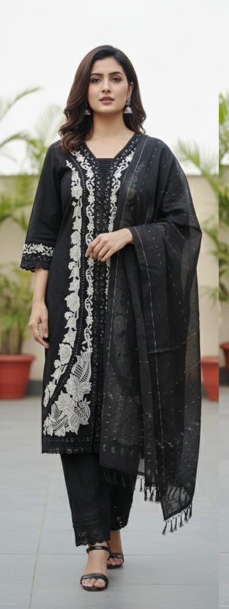 Black Embroidered Kurti Pant Set with Dupatta