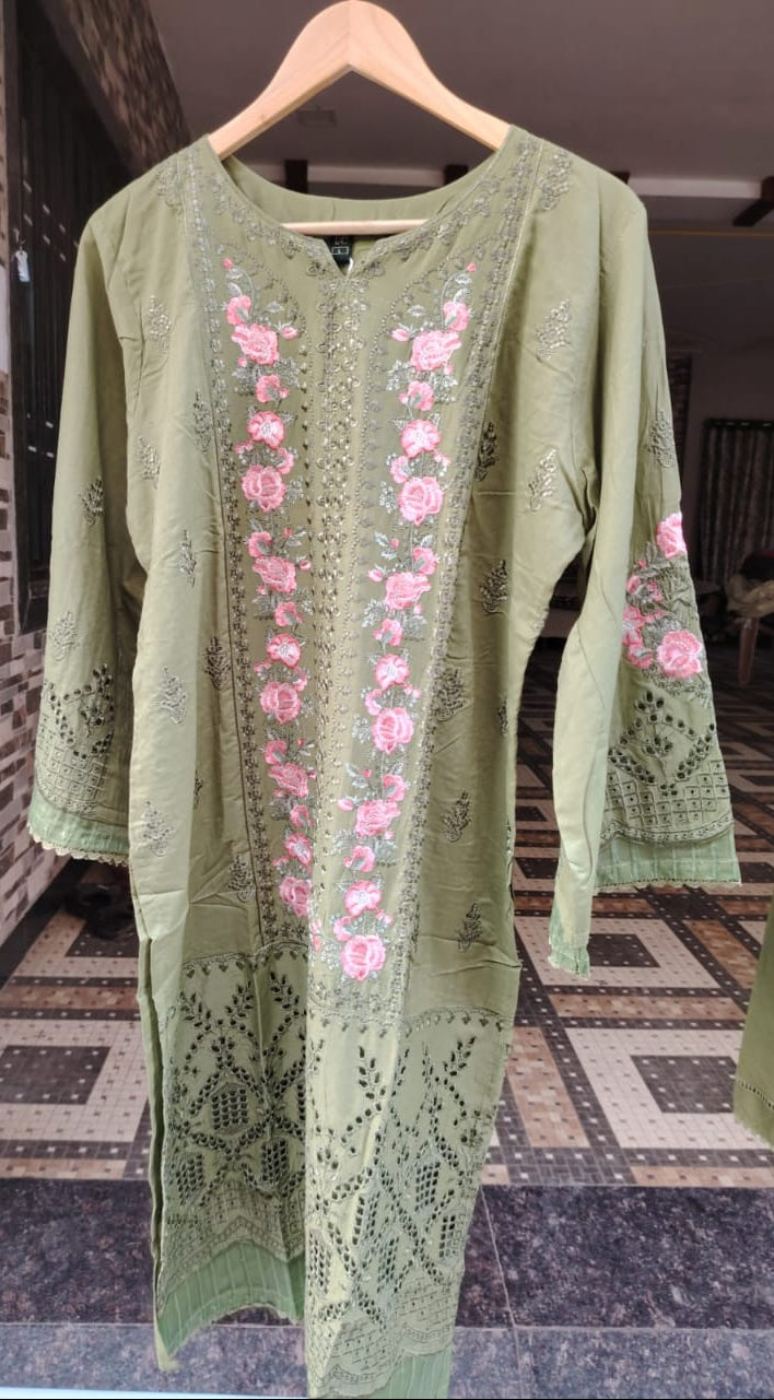 Olive Green Embroidered Kurti Pant Set with Dupatta