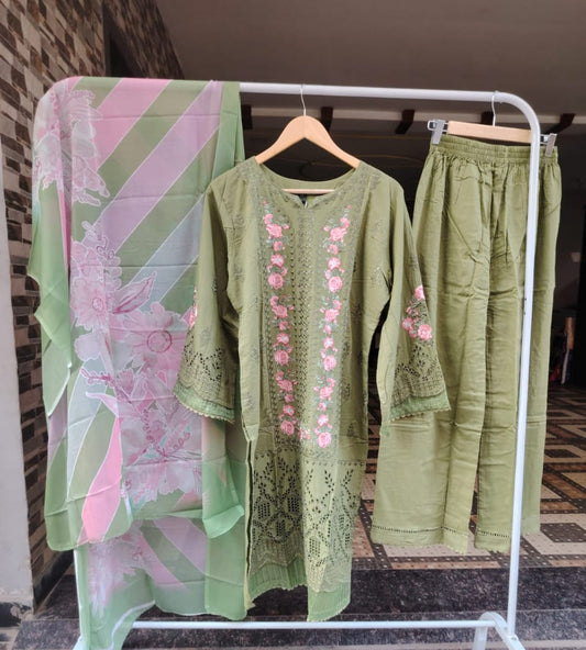 Olive Green Embroidered Kurti Pant Set with Dupatta