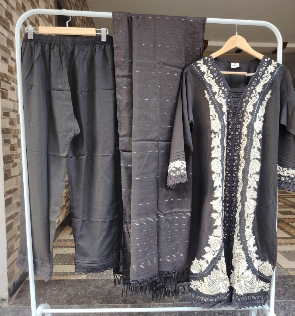 Black Embroidered Kurti Pant Set with Dupatta