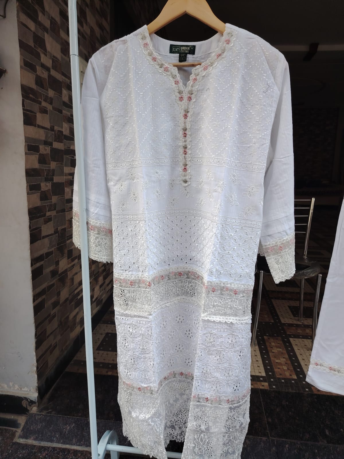 White Embroidered Kurti Pant Set with Floral Dupatta