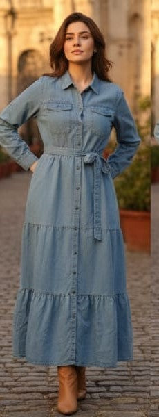 Denim Shirt Maxi Dress with Belt