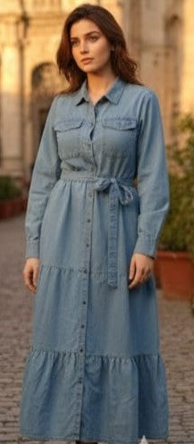 Denim Shirt Maxi Dress with Belt