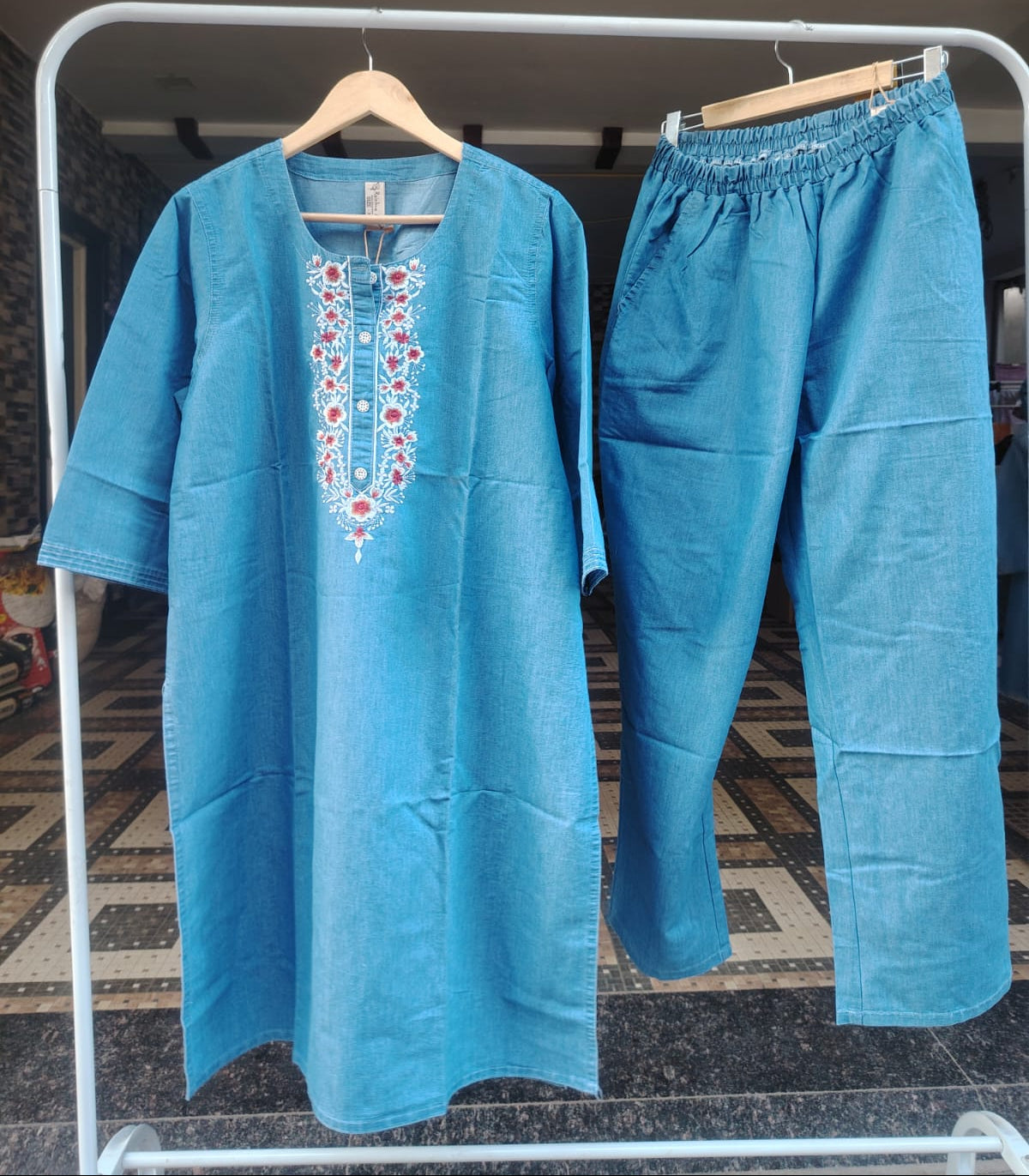 Denim Embroidered Kurti Pant Set