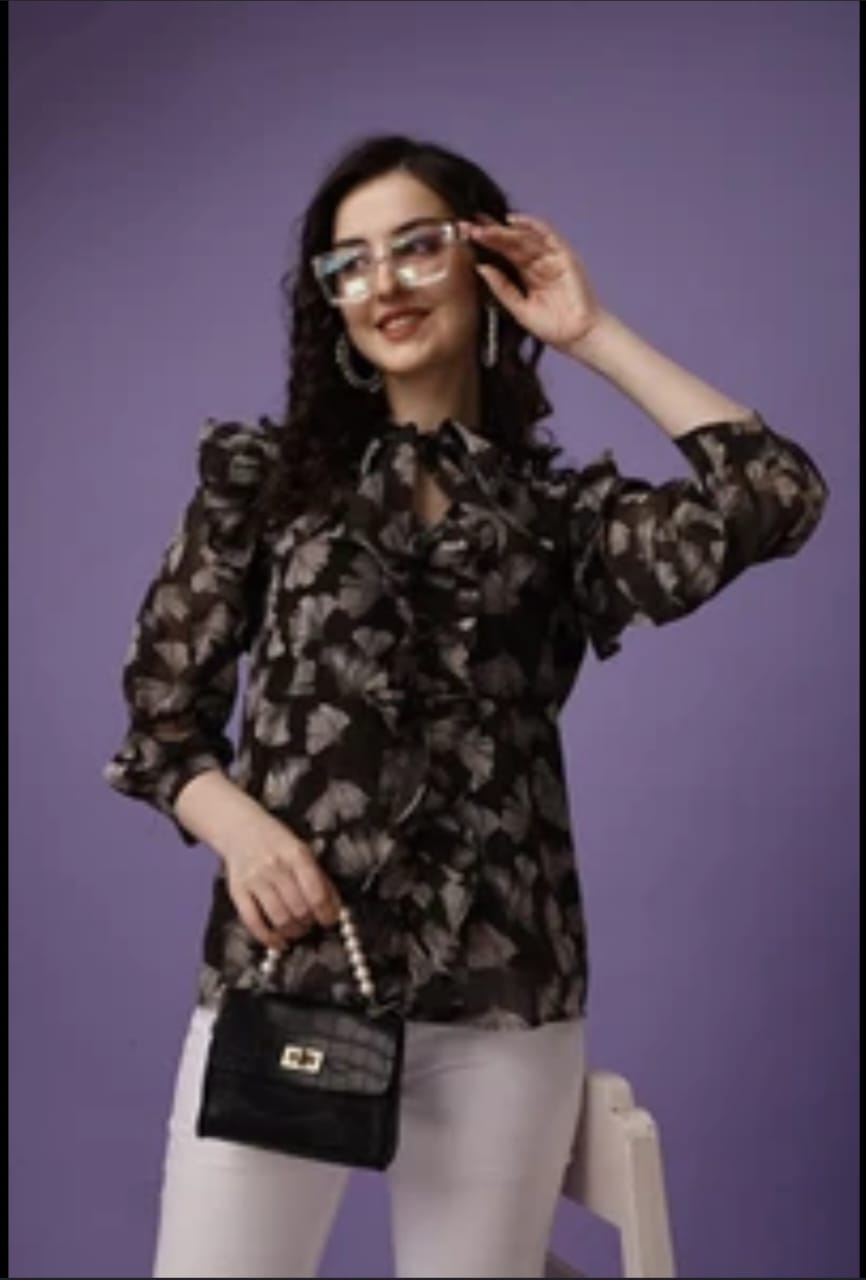 Black Floral Ruffle Tie-Neck Top