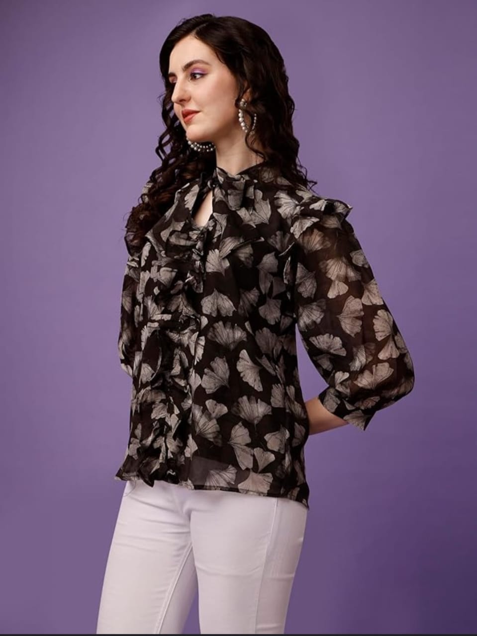 Black Floral Ruffle Tie-Neck Top