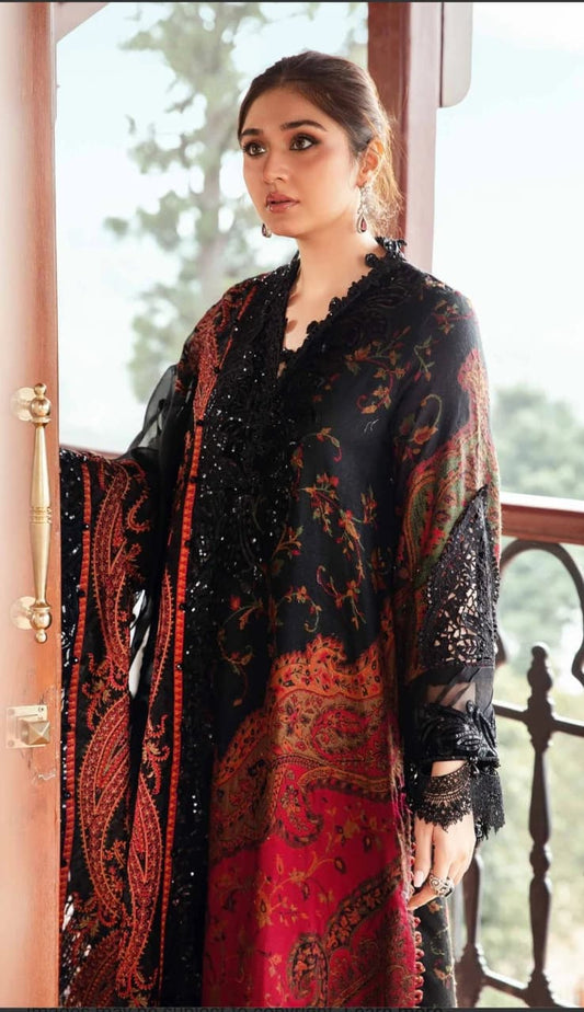 Dur-e-Fishan Black & Red Printed Cotton Suit with Lace Detail