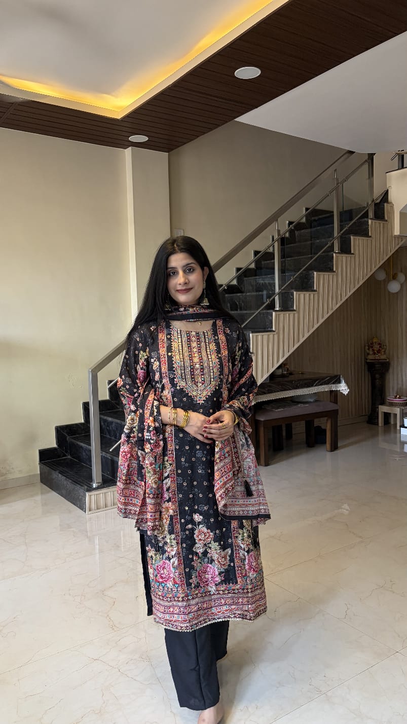 Muslin Black Floral Printed Kurta Pant Set with Dupatta