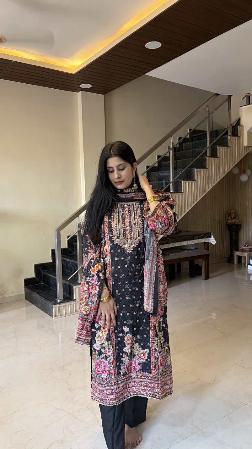 Muslin Black Floral Printed Kurta Pant Set with Dupatta