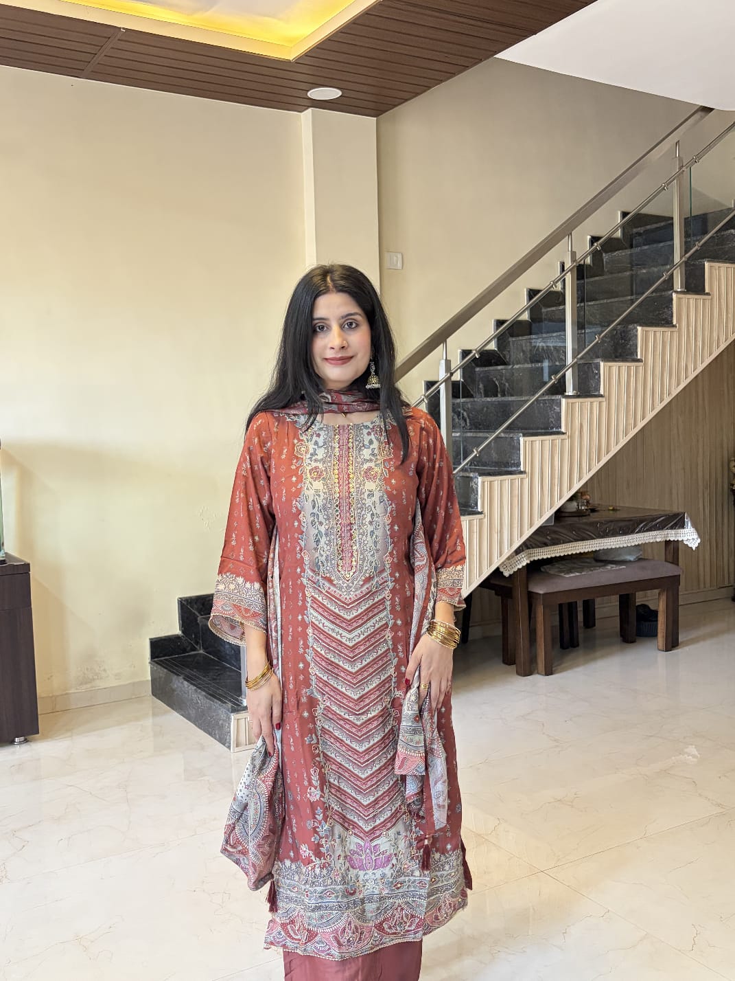 Maroon Printed Kurta Pant Set with Dupatta