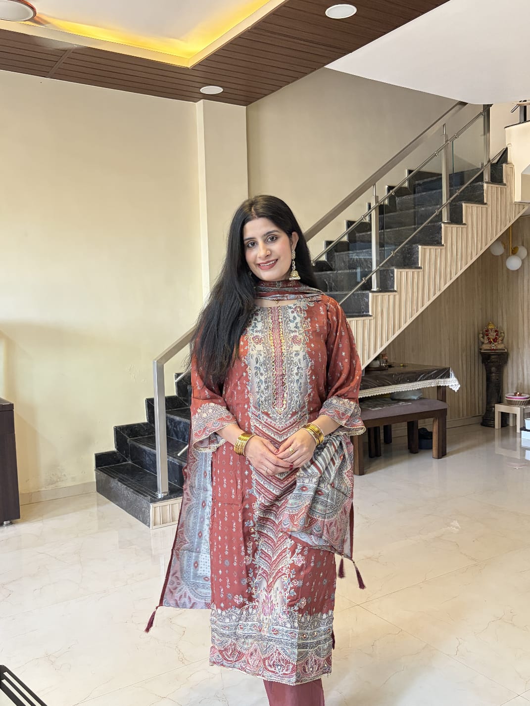 Maroon Printed Kurta Pant Set with Dupatta