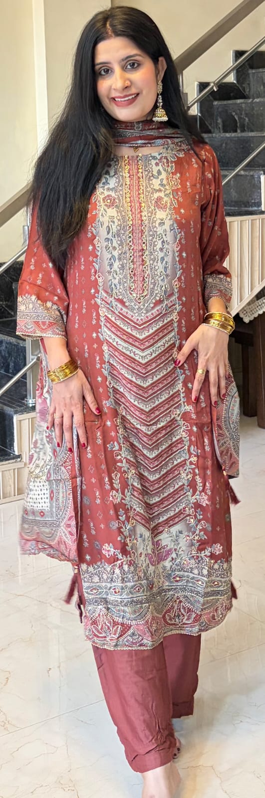 Maroon Printed Kurta Pant Set with Dupatta