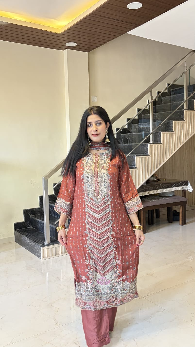 Maroon Printed Kurta Pant Set with Dupatta