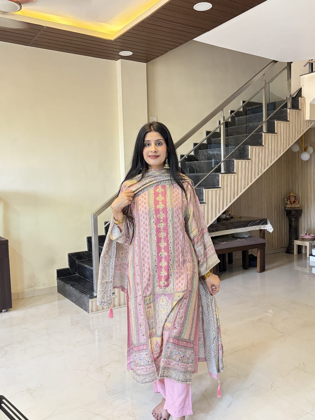 Pastel Pink  Printed Kurta Pant Set with Dupatta