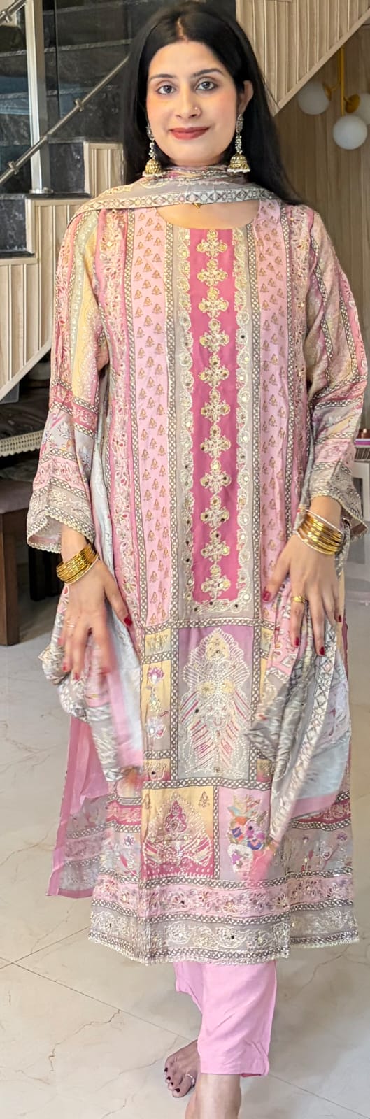 Pastel Pink  Printed Kurta Pant Set with Dupatta