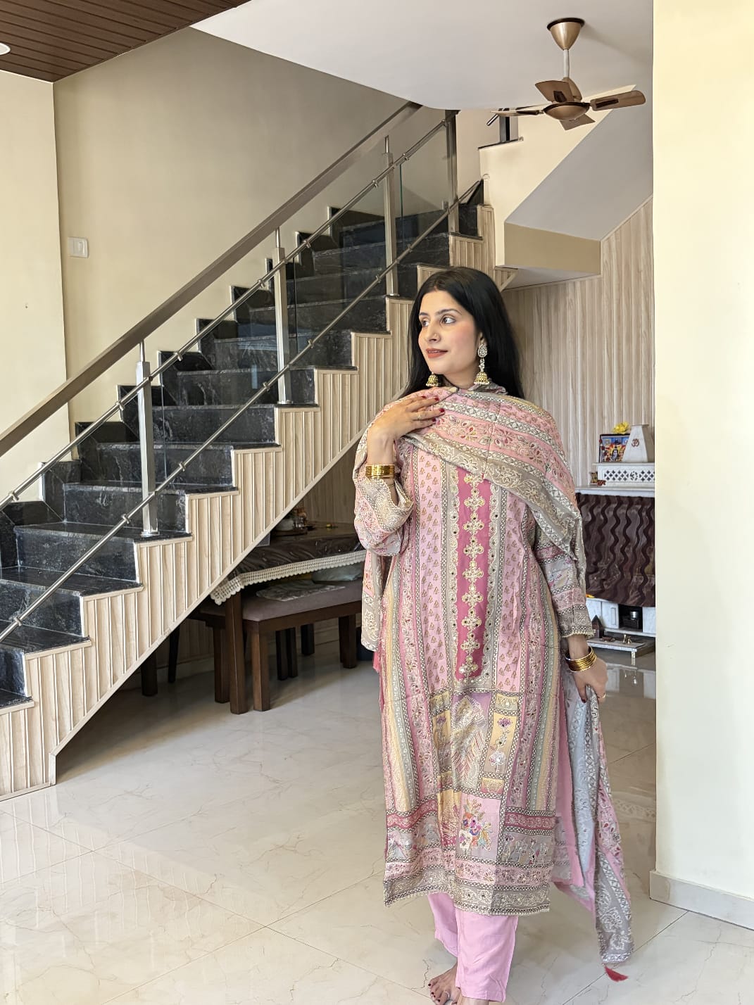 Pastel Pink  Printed Kurta Pant Set with Dupatta