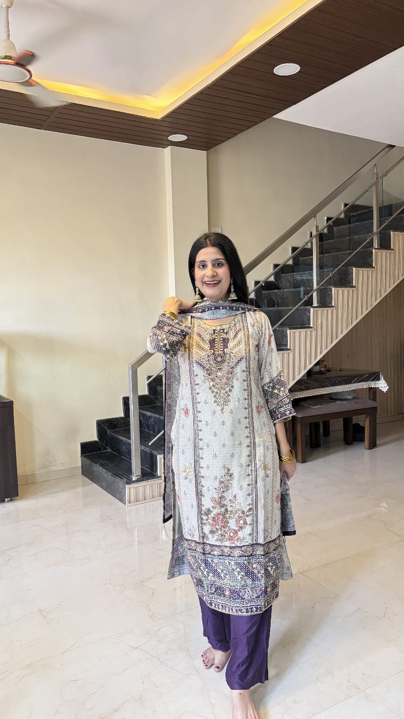 Ivory & Purple Printed Kurta Pant Set with Dupatta
