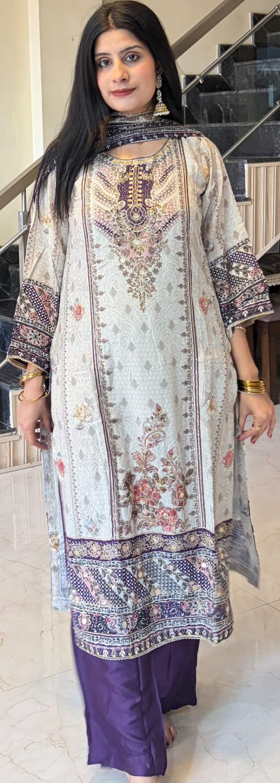 Ivory & Purple Printed Kurta Pant Set with Dupatta