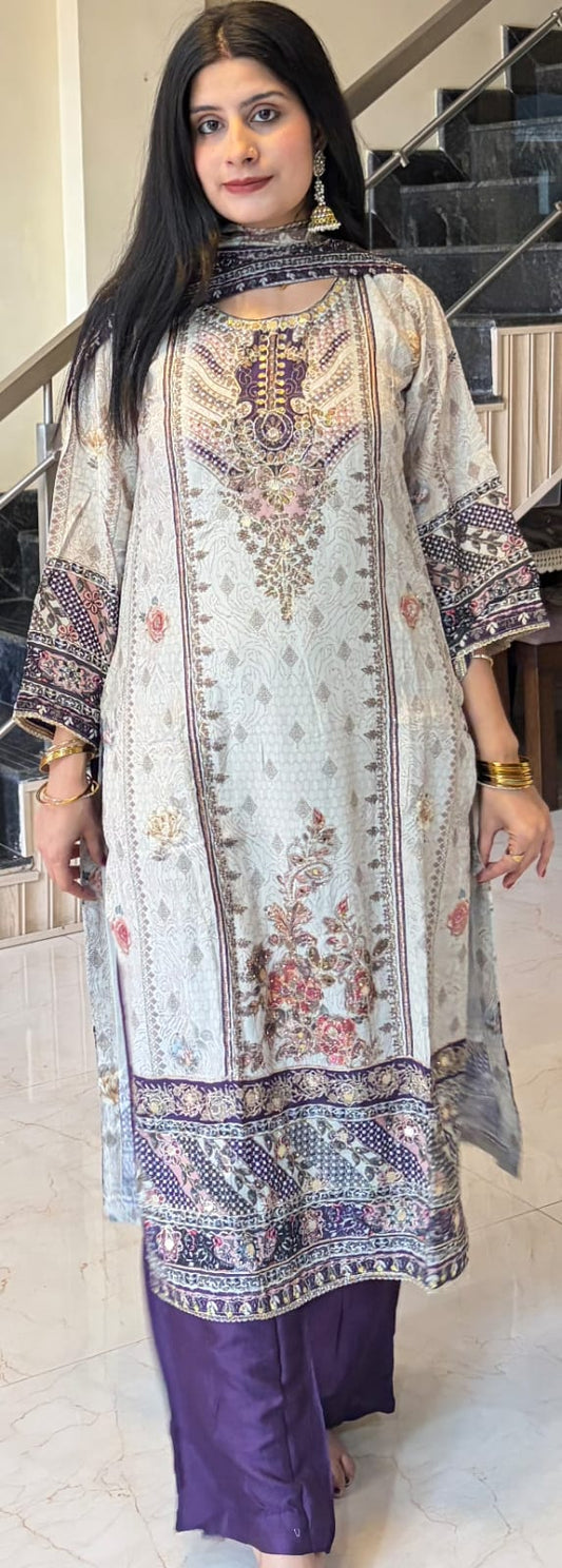 Ivory & Purple Printed Kurta Pant Set with Dupatta