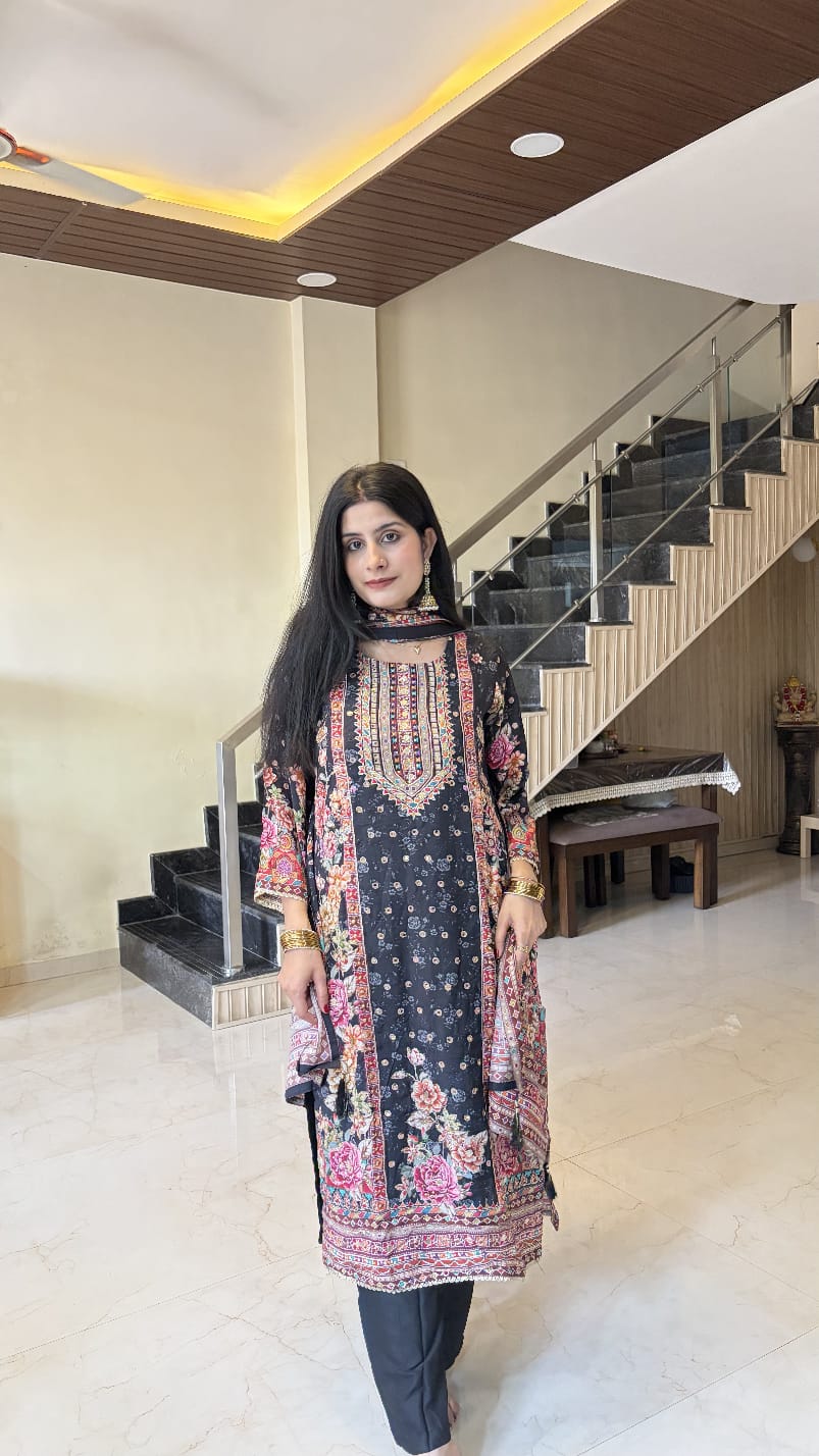 Muslin Black Floral Printed Kurta Pant Set with Dupatta