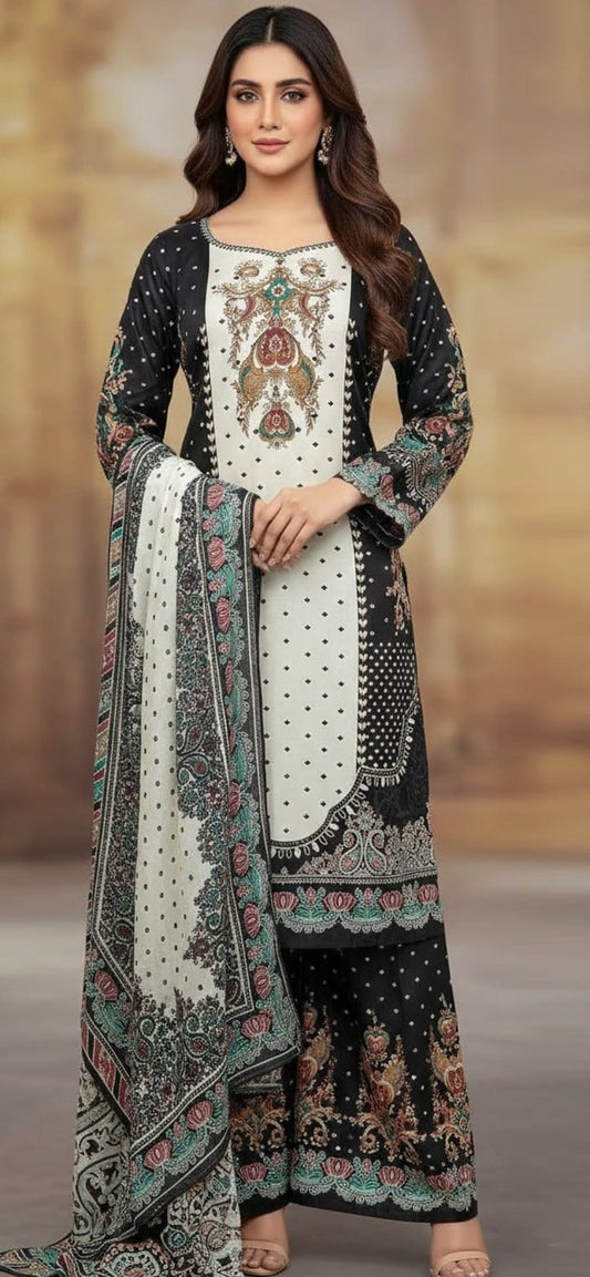 Black Cream Satin Pakistani Suit Set